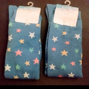 2 Pairs Blue Colorful Stars Knee Hi Socks Size 9-11 Nick & Nora New With Tags